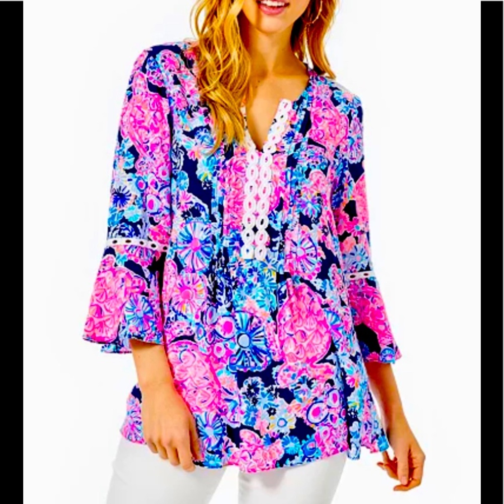 Lilly Pulitzer Hollie Tunic Top Sz XL In Turtle Amazement High Tide Navy